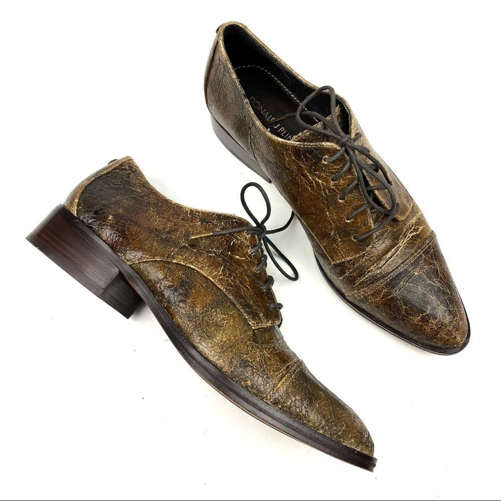 🍄Donald J. Pliner Gea distressed brown leather lace up cap toe oxfords size 8.5